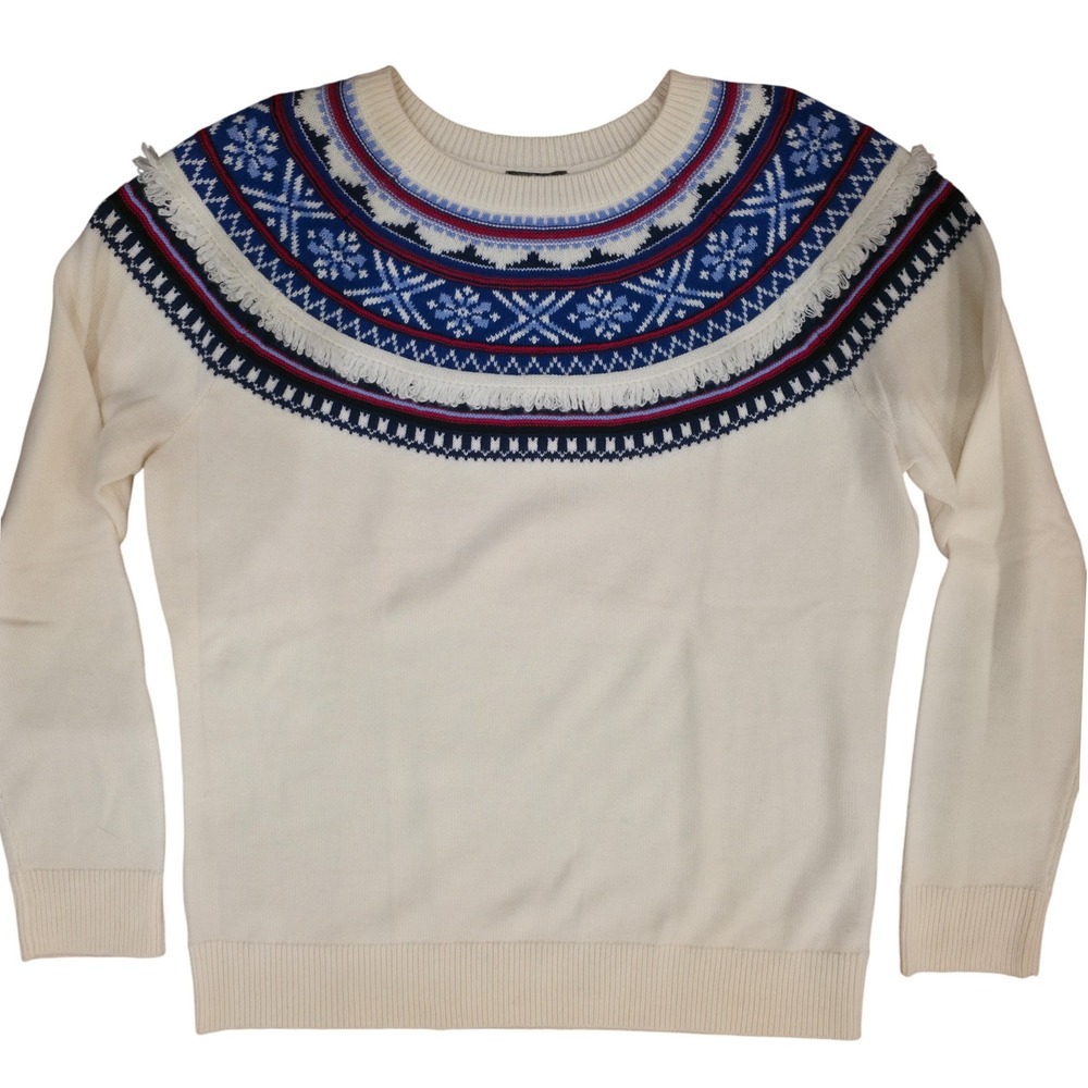 TALBOTS M Cream Lambswool‎ Blend Sweater Nordic Fair Isle Fringe Winter Knit